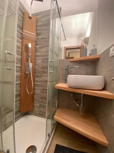 une salle de bain avec lavabo et douche dans l'établissement Casa Sestriere - bilocale in centro a Sestriere, à Sestrières