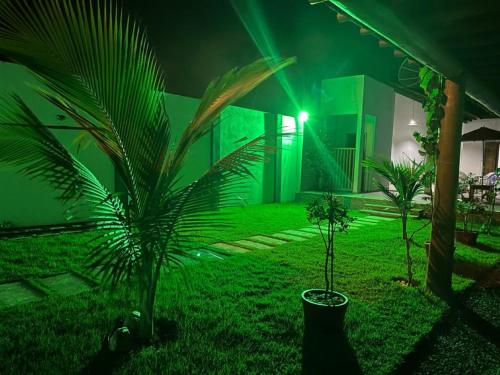 a house with a palm tree in the yard at night at Casa com piscina - Prado in Prado