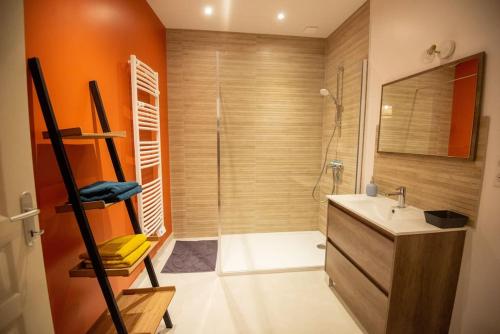 une salle de bain avec douche et lavabo dans l'établissement Les Songes de la Tour, à Vermenton