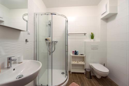 a bathroom with a shower and a sink and a toilet at Cute apartman- free parking in Pécs