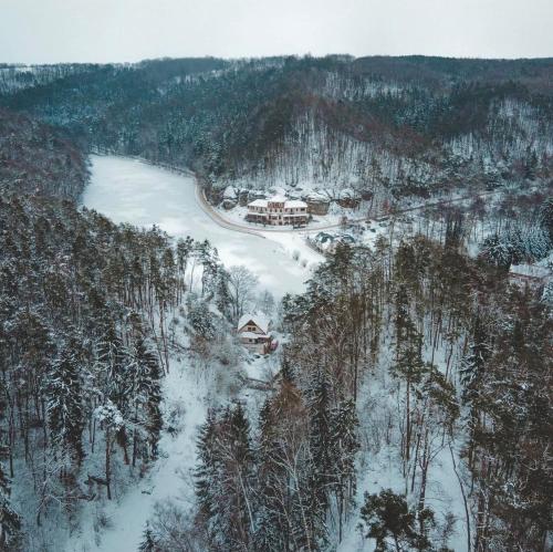 an aerial view of a resort in the snow at Vikendovka Korce in Dubá