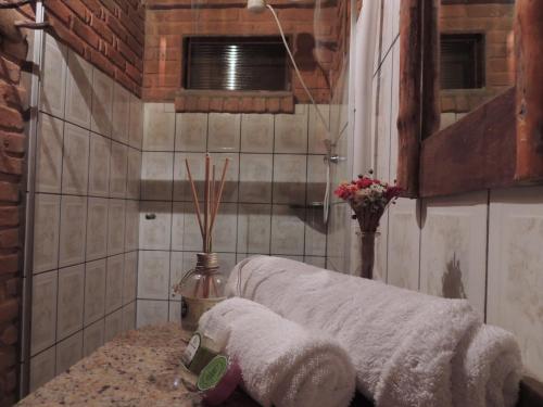 un bagno con due asciugamani su un bancone di Reserva Canto da Vida Chalés e Camping a Lima Duarte