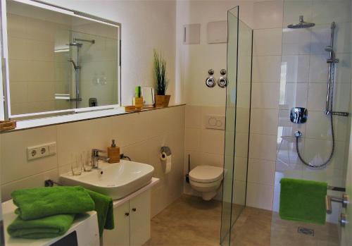 a bathroom with a sink toilet and a shower at Ferienwohnung Salzburg in Bad Reichenhall