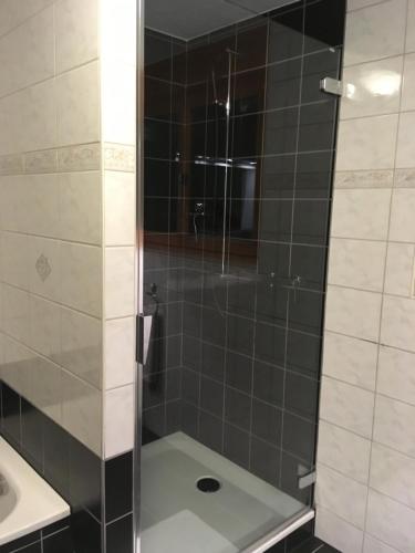 a shower with a glass door in a bathroom at Leimernhof in Thörishaus