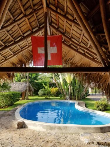a pool under a thatched roof with a flag at Solazul in Las Galeras