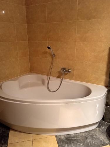 a bath tub with a shower in a bathroom at Centrum Konferencyjne Sułtan in Marki