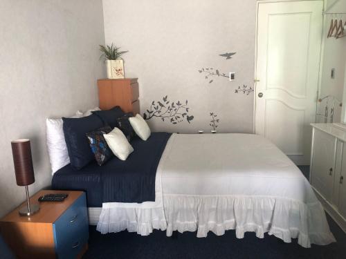 Schlafzimmer mit einem Bett mit blauer und weißer Bettwäsche in der Unterkunft Amplia Habitación tipo Ejecutiva con baño y acceso privados in Toluca de Lerdo