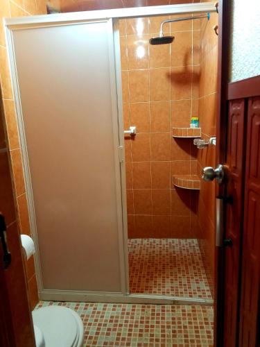 a shower stall in a bathroom with a toilet at Casa de Descanso Chignahuapan in Chignahuapan