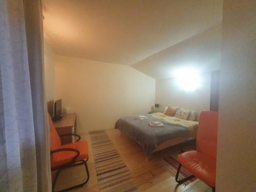 a small room with a bed and two chairs at Pensiunea Casa Motilor in Bucium