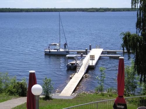 a boat is docked at a dock on a lake at Strandhotel Senftenberger See in Senftenberg