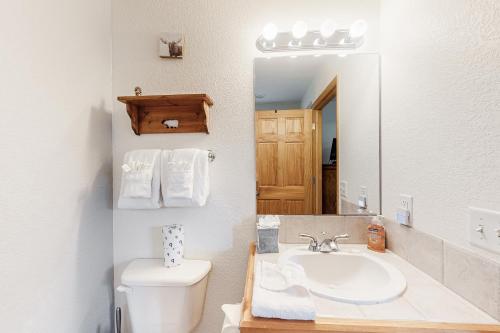 W łazience znajduje się umywalka, toaleta i lustro. w obiekcie Bald Mountain Views w mieście Grand Lake