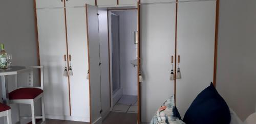 a closet with white cabinets and a blue pillow on a bed at Shark Cove Little Cottage in Kleinbaai