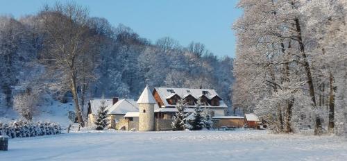 a house covered in snow in a snowy field at Apartamenty Pod Młyńską Skałą in Zdów