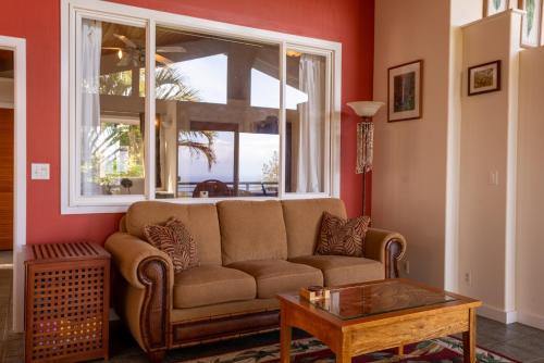 a living room with a couch and a table at Waipio Glass House in Kukuihaele