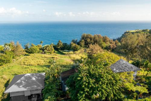 an aerial view of a house with the ocean in the background at Waipio Glass House in Kukuihaele