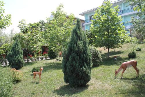 a statue of a horse and a deer in a yard at Green Hotel in Almaty