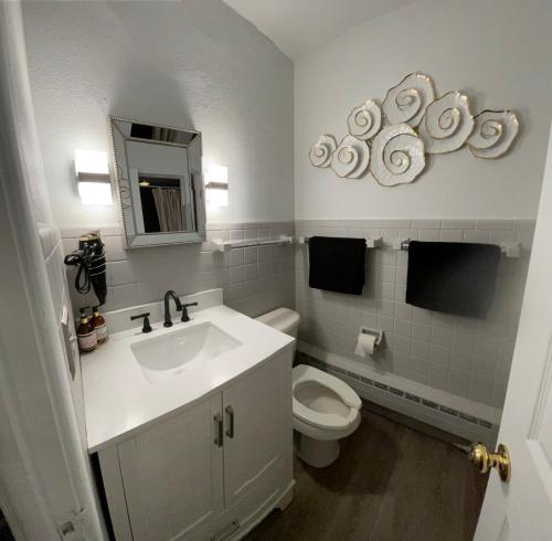 ein Badezimmer mit einem Waschbecken, einem WC und einem Spiegel in der Unterkunft Red Lotus Inn in Milwaukee
