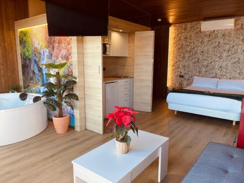 una habitación con un dormitorio con una cama y una mesa en Cabañas Fisterra, en Finisterre