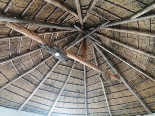 a clock in the ceiling of a straw roof at Ikaya Accommodation PSJ in Port St Johns
