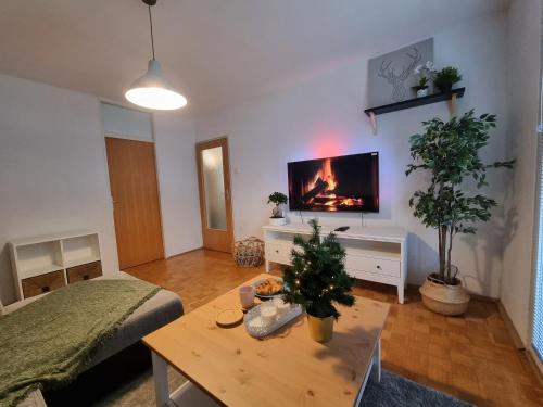 a room with a bed and a table with a fireplace at Apartment Gulek in Zreče