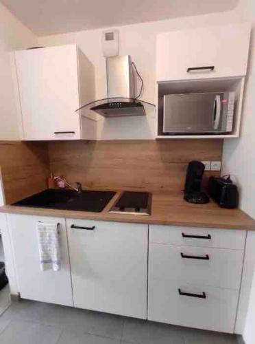 une cuisine avec des armoires blanches, un évier et un micro-ondes dans l'établissement Studio Vatel Nantes, à Nantes