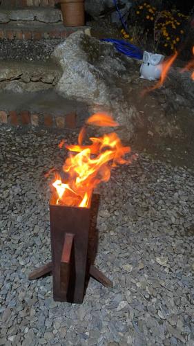 a fire in a wooden box on the ground at Ananta Prana in Mussoorie