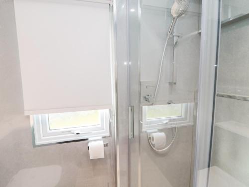 a shower with a glass door and a window at 23 Valley View in Morpeth