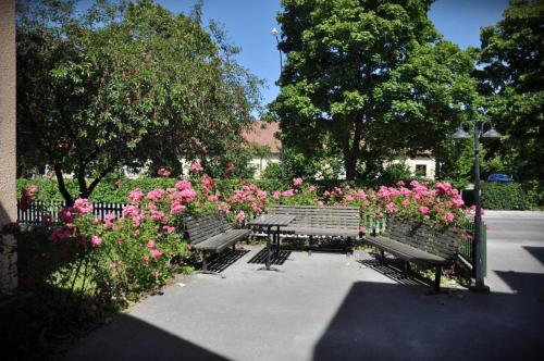 eine Gruppe Bänke in einem Park mit rosa Blumen in der Unterkunft Birkagatan - Visby Lägenhetshotell in Visby