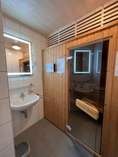 uma casa de banho com um lavatório e uma porta de duche em vidro. em Gite Du Moulin Coquelicot em Stavelot