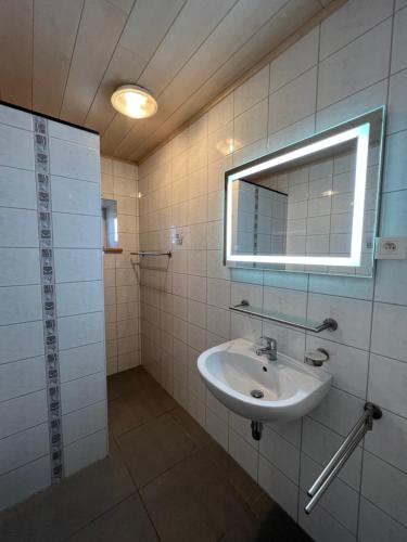 a bathroom with a sink and a mirror at Gite Du Moulin Coquelicot in Stavelot