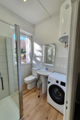 une salle de bain avec un lavabo et une machine à laver dans l'établissement A CARDICCIA Loc saisonnières PIANA, à Piana