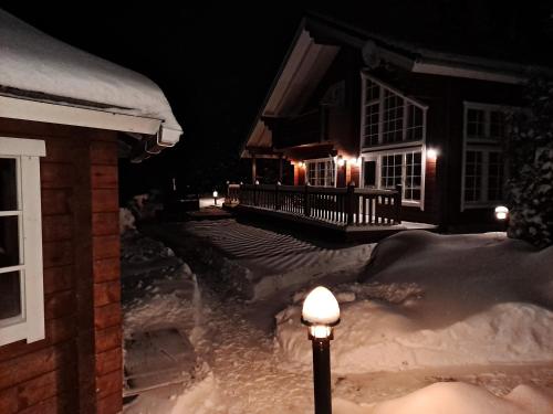 a street light in the snow in front of a house at Tahko Hills in Tahkovuori