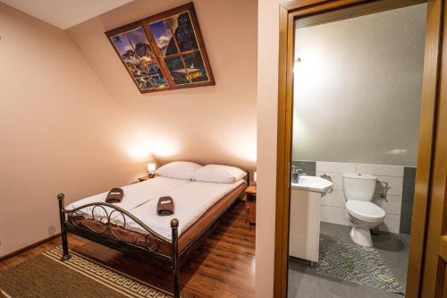 ブコビナ・タトシャンスカにあるPokoje Gościnne Skalne Podhaleのベッドルーム1室(ベッド1台付)、バスルーム(トイレ付)
