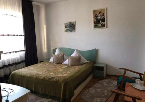 ein Schlafzimmer mit einem grünen Bett mit Kissen darauf in der Unterkunft Pensiunea Ursulet in Alexandru cel Bun