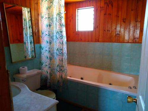 a bathroom with a toilet and a tub and a sink at Hostal Gomero in Santa Cruz