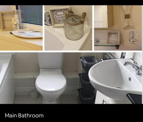 a collage of pictures of a bathroom with a toilet and a sink at Lego Themed Home near Legoland Windsor Castle in Slough