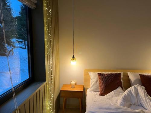 a bedroom with a bed and a table and a window at Над фермою in Nizhne-Studënyy