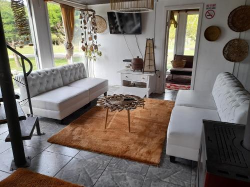 sala de estar con sofá blanco y mesa en Lodge Guarida del Trauco en Puqueldón