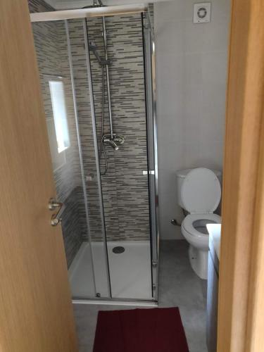 a bathroom with a shower and a toilet at Casa de Santo António in Aldeia de Santa Margarida