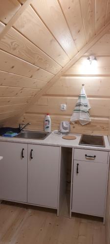uma cozinha com um lavatório e um fogão num quarto em Grażynka em Zakopane