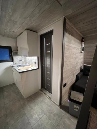 een kleine badkamer met een wastafel en een toilet bij AGLAS CHALET in Moieciu de Jos