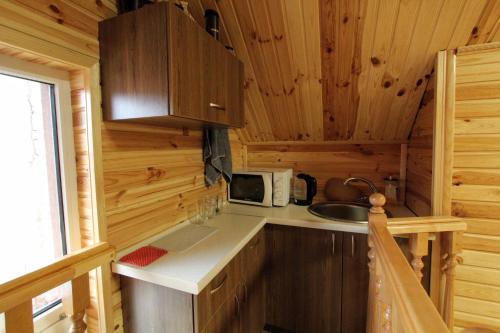 a small kitchen with a sink and a microwave at Melody Hotel in Bukovel