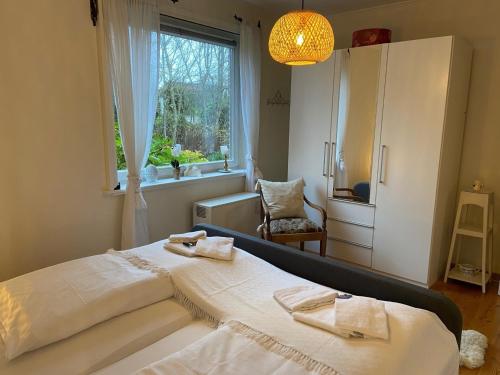 Alkersum的住宿－An der Marsch，一间卧室设有一张床、一个窗口和一把椅子