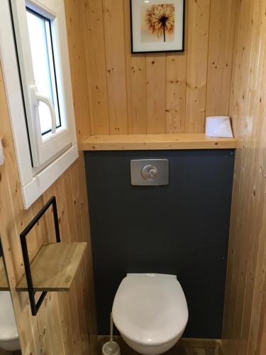 a small bathroom with a toilet and a window at Domaine des Epinettes in Saint-Romain-de-Jalionas