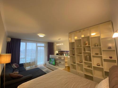 a bedroom with a bed and a couch and a television at Top Level Residence in Oradea