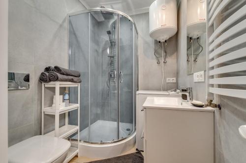 a bathroom with a shower and a toilet and a sink at Central Platinum Apartments 16 in Rybnik