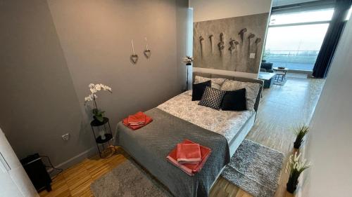 a living room with a bed and a couch at Apartament na Klifie "LUNA" in Ustronie Morskie