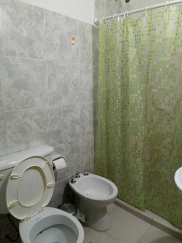 a bathroom with a toilet and a green shower curtain at Departamento Donovan III in Resistencia