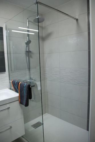 une douche avec une porte vitrée dans une salle de bain dans l'établissement Stylish Studio in only 50 meters from beach !, à Nice