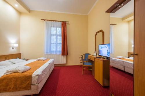 a hotel room with two beds and a television at Erzsébet Park Hotel in Parád